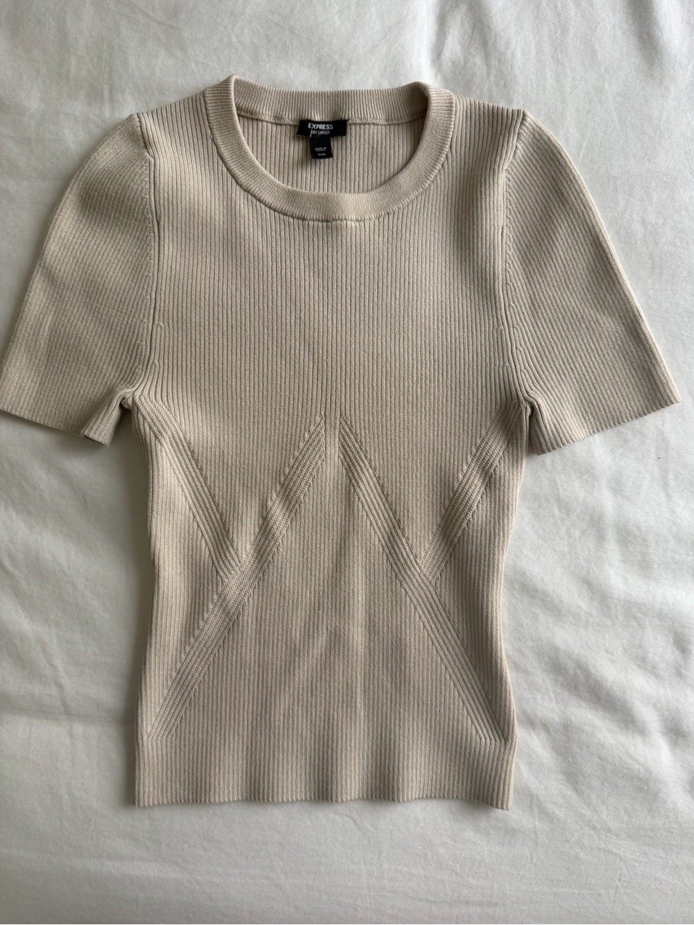 Express Short Sleeve Ribbed Knit Top in Light Beige
